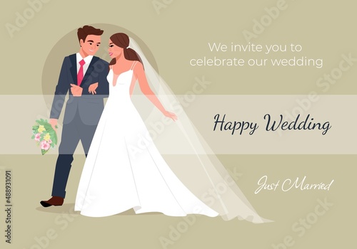 Happy brides go holding hands smiling. Wedding invitation. Vector illustration in flat cartoon style.