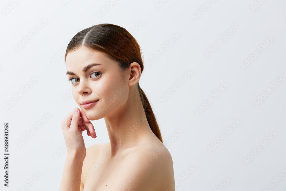 portrait woman smiling woman bare shoulders clean skin charm isolated background portrait woman smiling woman bare shoulders clean skin charm isolated background
