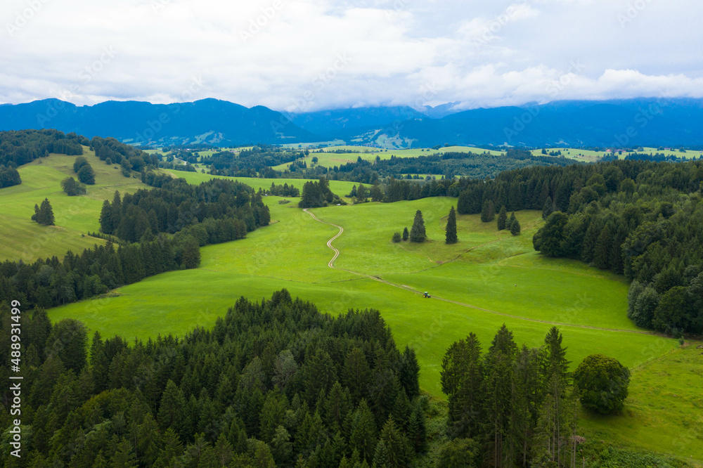 Panoramic view of a idyllic landscape with a  mountains and blue sky in the Bavarian Alps against blue sky. Tannheimer Tal, Reutte, Austria
