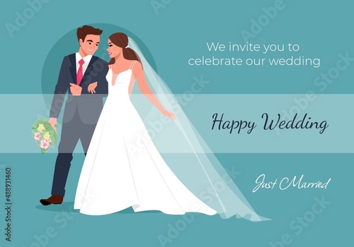 Happy brides go holding hands smiling. Wedding invitation. Vector illustration in flat cartoon style.