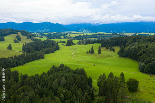 Panoramic view of a idyllic landscape with a  mountains and blue sky in the Bavarian Alps against blue sky. Tannheimer Tal, Reutte, Austria © familie-eisenlohr.de