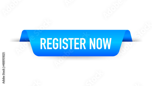 Red ribbon Register Now. Banner on white background. Vector illustration.