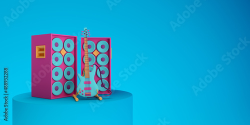 Abstract colorful retro guitar and acoustics on blue background pastel color 3d render illustration
