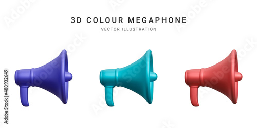 Set of 3d plastic megaphonesisolated on white background. Vector illustration