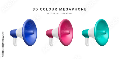 Set of 3d plastic megaphonesisolated on white background. Vector illustration
