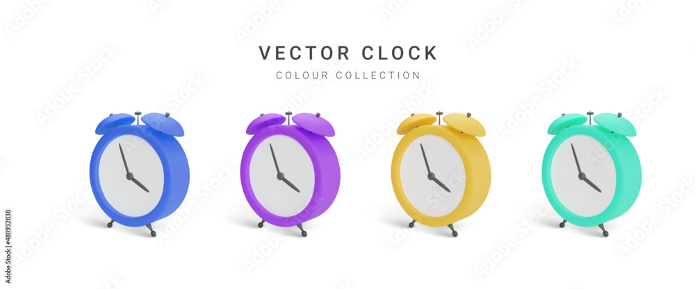 Collection of colour vintage alarm clock with shadow isolated on white background. Vector illustration - obrazy, fototapety, plakaty 