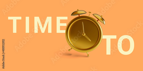 Gold alarm clock isolated on light background. Time to. Vector illustration