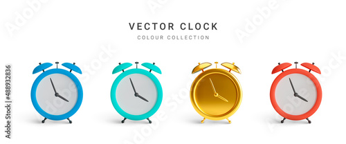Collection of colour vintage alarm clock with shadow isolated on white background. Vector illustration