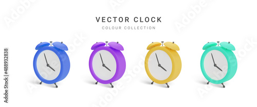 Collection of colour vintage alarm clock with shadow isolated on white background. Vector illustration