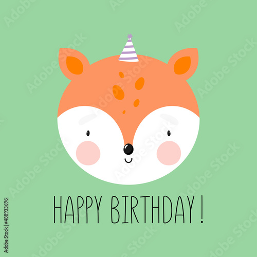 Birthday Party, Greeting Card, Party Invitation. Kids illustration with Cute Fox. Vector illustration in cartoon style.