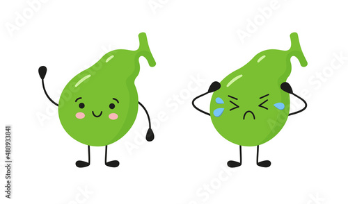 Happy healthy gallbladder and sick sad gallbladder. Kawaii characters to illustrate the problem of cholecystitis, gallstone disease. Isolated vector illustration on white background.