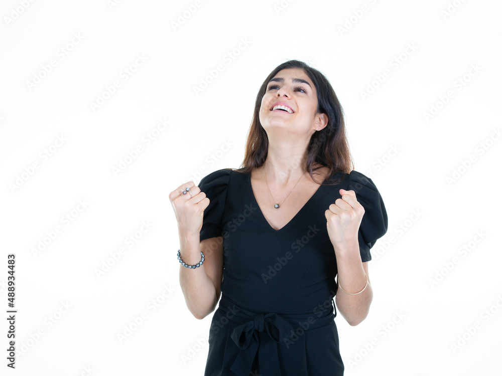 woman enjoy hands clenched fist happy with joy with raised hands and clenching fists woman enjoy hands clenched fist happy with joy with raised hands and clenching fists