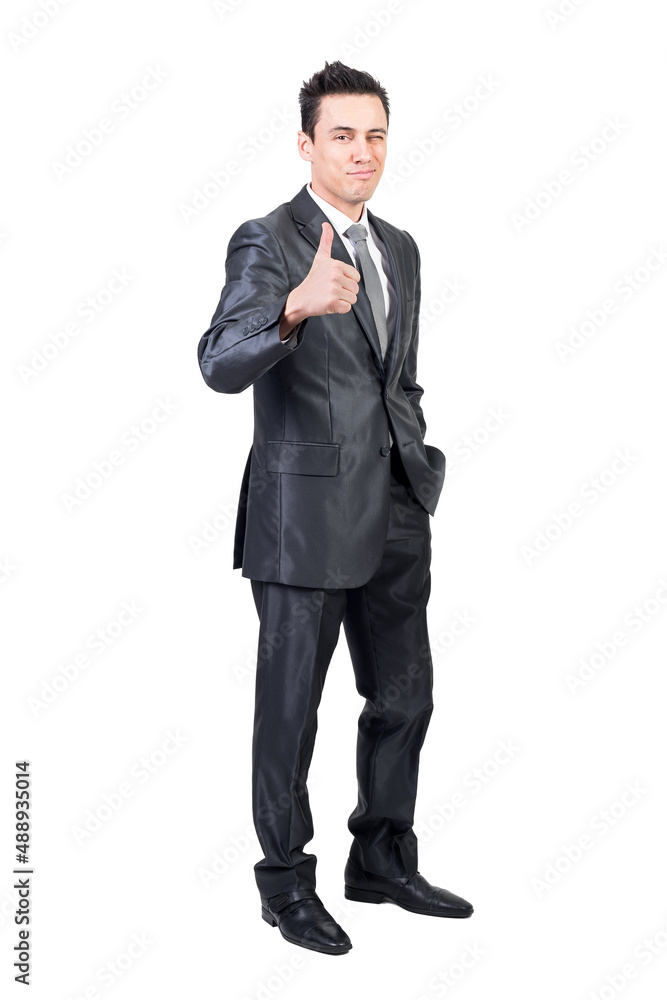 Happy businessman in suit showing thumb up Happy businessman in suit showing thumb up