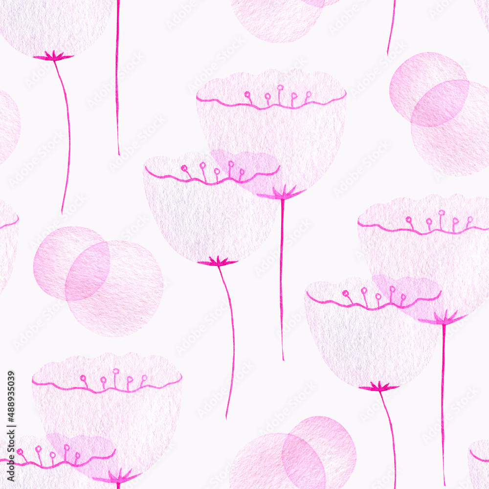 Seamless watercolor pattern with translucent delicate stylized flowers. For wallpaper, fabric