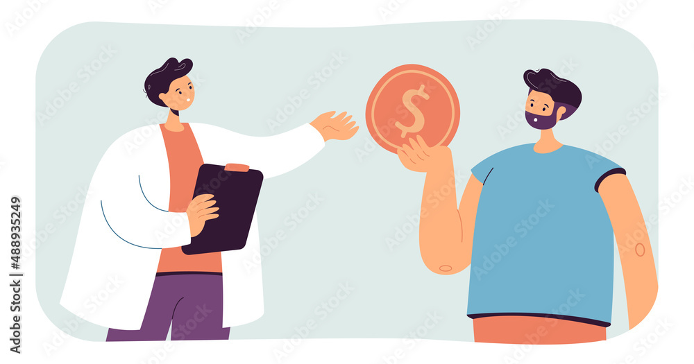 Man giving gold coin to doctor flat vector illustration. Patient paying for visiting therapist or medical examination. Medicine, money concept for banner, website design or landing web page Man giving gold coin to doctor flat vector illustration. Patient paying for visiting therapist or medical examination. Medicine, money concept for banner, website design or landing web page