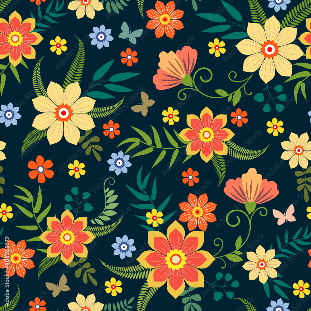 Vector illustration of a floral pattern. Flowers and grass on a dark background.