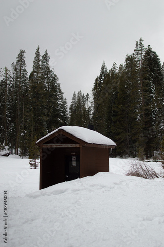 Public Restroom Log Cabin In Snow Surrounded By Pine Tree Field Yosemite National Park