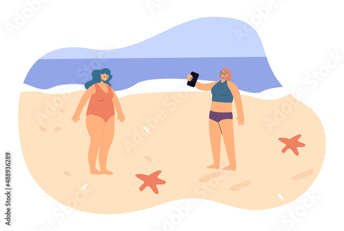 Sad obese woman in swimsuit on beach flat vector illustration. Girl dissatisfied with her figure while friend taking picture of her. Obesity concept for banner, website design or landing web page