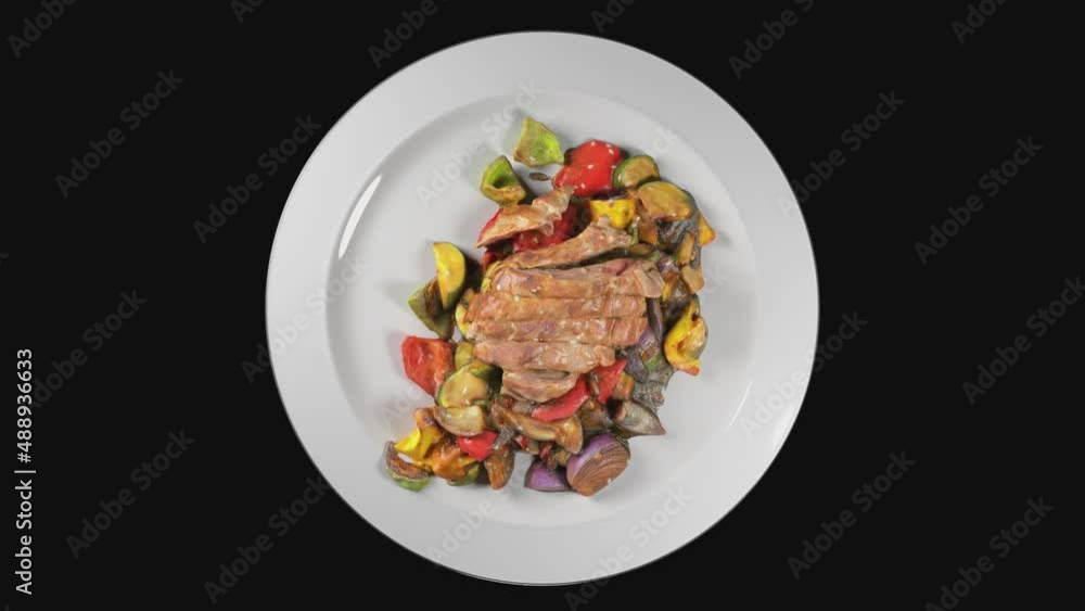 Plate with food meat with vegetables on a transparent background. 