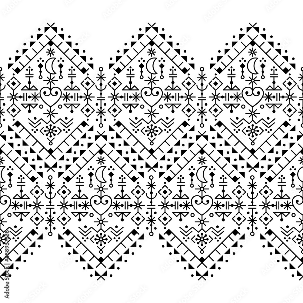 Icelandic folk art style tribal line art vector seamless patten with hearts and moons, long horizontal geometric textile or fabric print design inspired by Viking rune ornamnets
