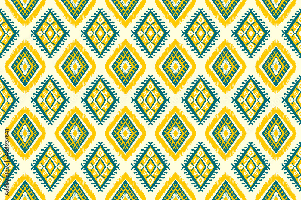 Yellow and Indigo Blue Diamond on Ivory. Geometric ethnic oriental pattern traditional Design for background,carpet,wallpaper,clothing,wrapping,Batik,fabric, illustration embroidery style
