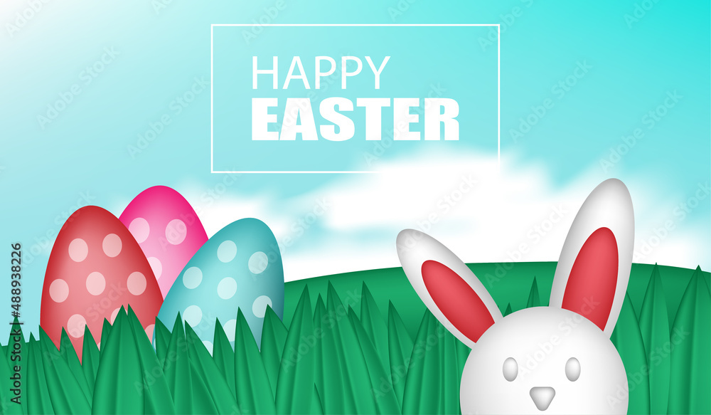 banner happy easter with egg and bunny cute full color and garden 3D banner happy easter with egg and bunny cute full color and garden 3D