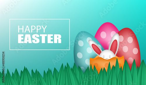 easter egg banner with cute bunny coming out of egg in garden 3D
