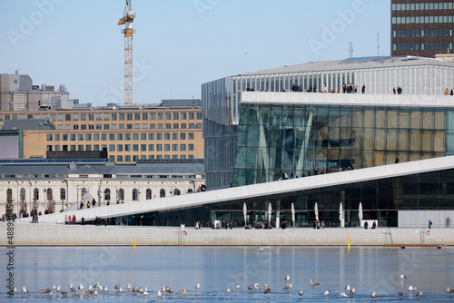 Canvas Print Harbor promenade with shops, restaurants, city hall and modern architecture in d