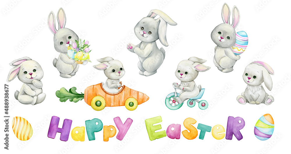 Cute, bunnies, text, happy Easter, eggs. Watercolor set of animals, in cartoon style, on an isolated background.