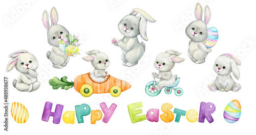 Fototapeta Naklejka Na Ścianę i Meble -  Cute, bunnies, text, happy Easter, eggs. Watercolor set of animals, in cartoon style, on an isolated background.