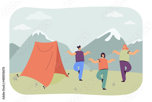 Women doing yoga in background of mountains. Girls standing in tree pose with closed eyes next to tent flat vector illustration. Sport  trip concept for banner  website design or landing web page