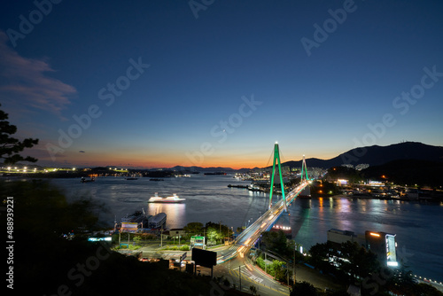 Sunset view of dolsan bridge in yeosu, south korea. 여수 돌산대교, 야경, 일몰, 타임랩스, 바다	
 photo