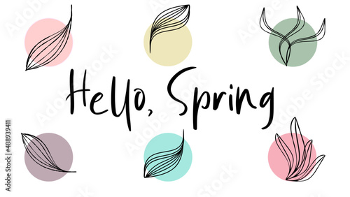Hello Spring greeting card with multicolour circles and leaves