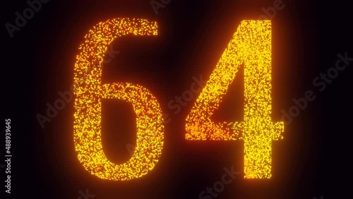 Sixty four years happy birthday, anniversary, holiday, celebration fireworks, bloom, sparkles number animation. 3 fonts variations, 480 frames for each variant. 4K Ultra HD 3D render
 photo