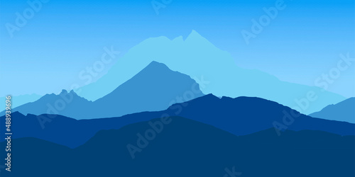 Mountains background in blue colors. Template for banner, poster, wallpaper, landing page, web . Flat vector design landscape.
