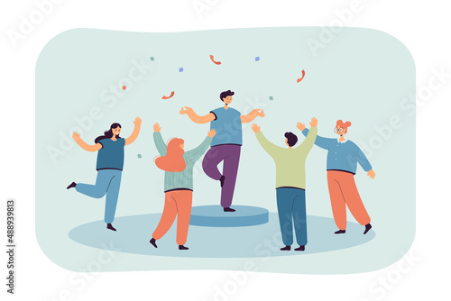 Leader standing on one foot surrounding by his team. People congratulating winner, raising hands flat vector illustration. Win, victory concept for banner, website design or landing web page