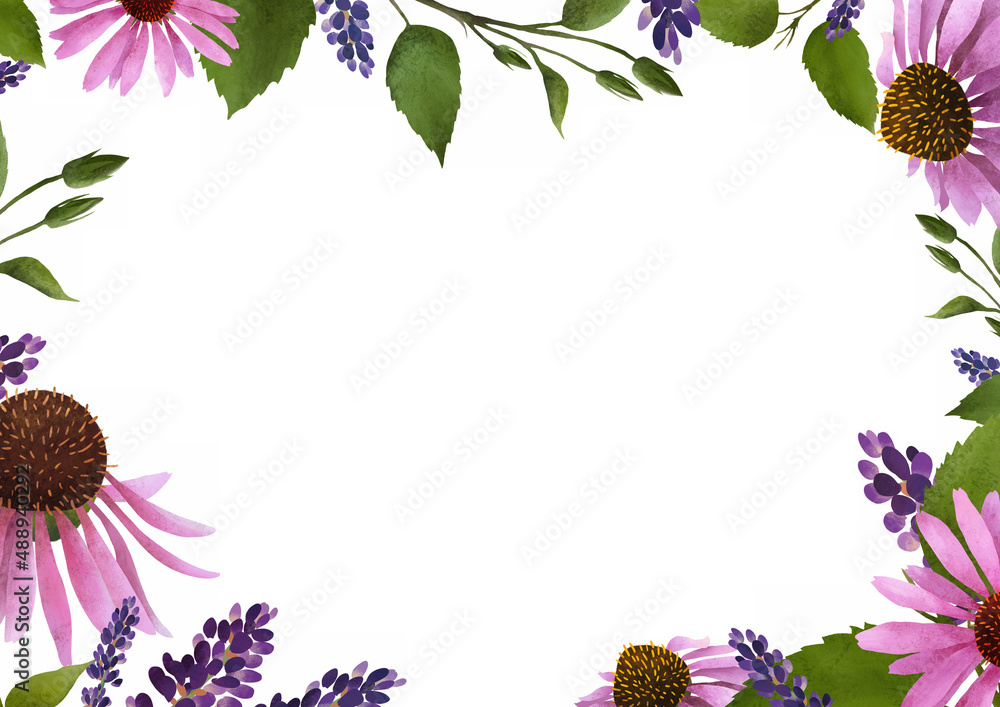 Botanical hand drawn frame with lovely pink and violet flowers, green leaves. Spring or summer flowers for invitation, decoration, wedding or birthday card