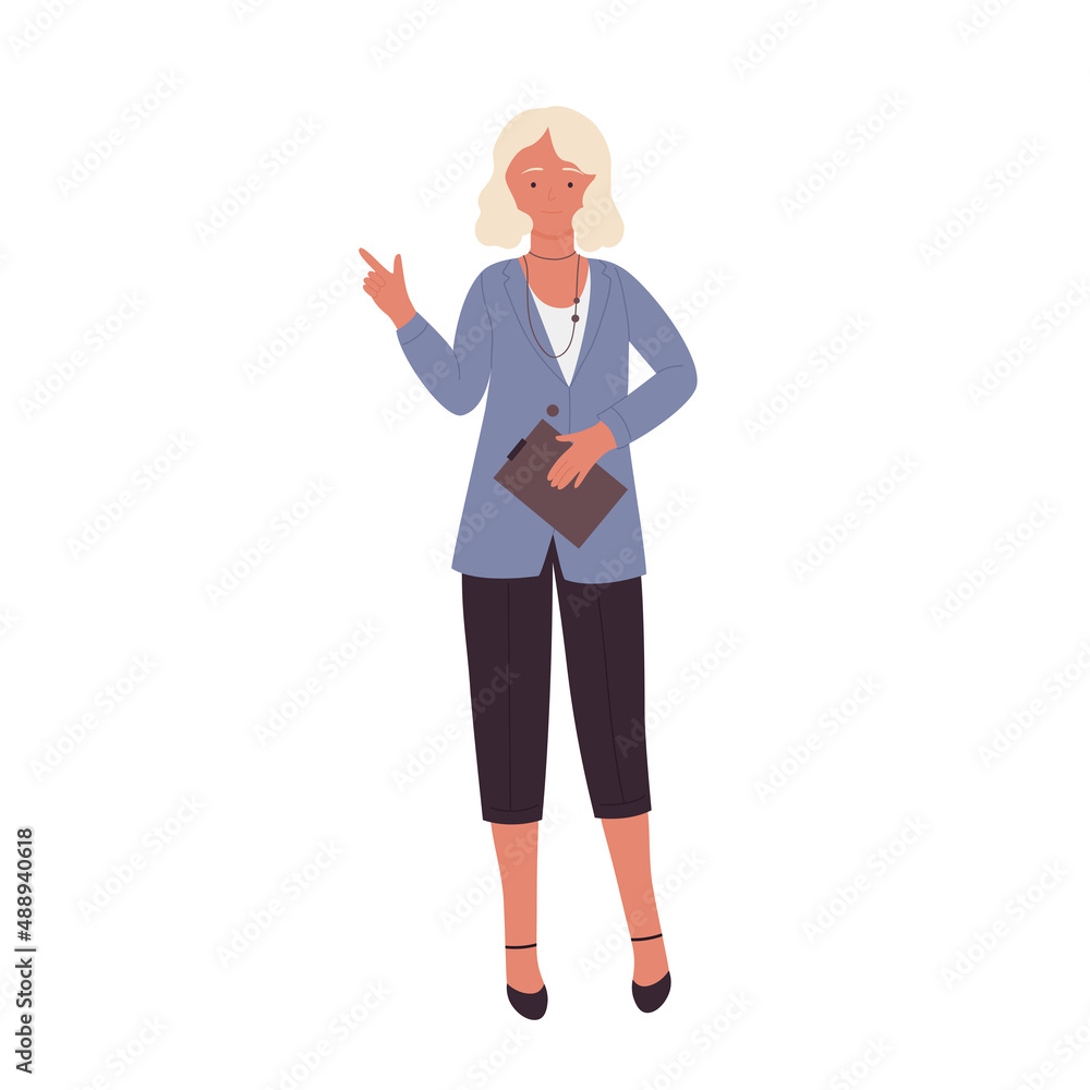 Elegant dressed blonde girl pointing with finger. Office administrative assistant holding clipboard cartoon vector illustration