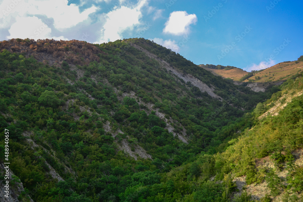 View of the green mountain from the ski lift. View of the green mountain from the ski lift.