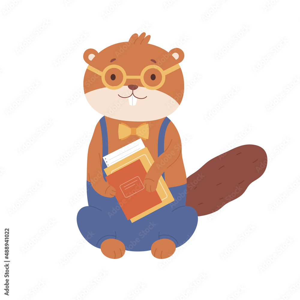 Cute beaver with glasses holding an educational book. Beautiful forest ...
