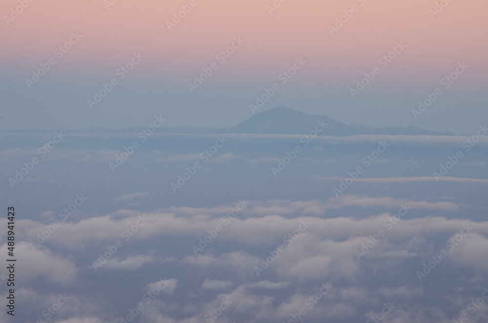 Island of Tenerife with the Teide Peak from La Palma at sunset. Canary Islands. Spain.