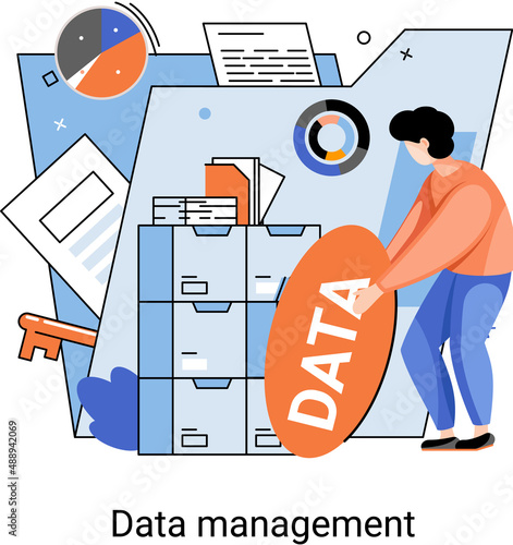 Data management metaphor, privacy media center, business protection, rational storage of information, digital privacy. Efficient data manager, cost-effective safe organization, storage and use of data