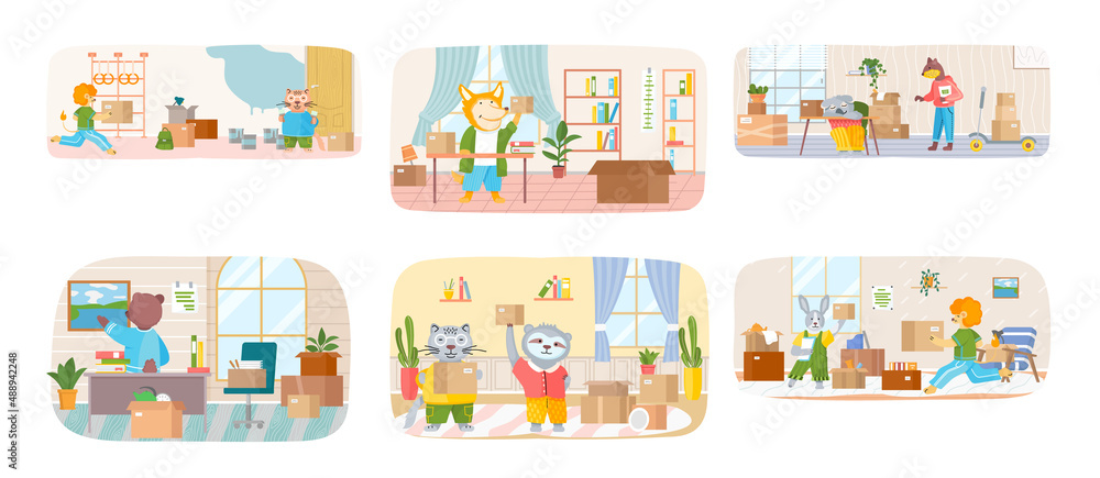 Set of illustrations about animals moving to new house put things in cardboard boxes, change place of residence. Wild and domestic animals settle down in apartment and decorate modern interior Set of illustrations about animals moving to new house put things in cardboard boxes, change place of residence. Wild and domestic animals settle down in apartment and decorate modern interior