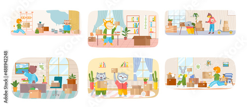 Set of illustrations about animals moving to new house put things in cardboard boxes, change place of residence. Wild and domestic animals settle down in apartment and decorate modern interior