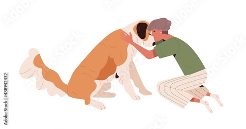 Person hugging dog. Pet owner and doggy best friends feeling tenderness. Woman and canine animal companion with touching love, friendship. Flat vector illustration isolated on white background