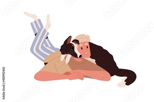 Person relaxing, lying with cute dog. Pet owner and canine animal friend. Happy man and lovely funny doggy companion resting together. Flat vector illustration isolated on white background