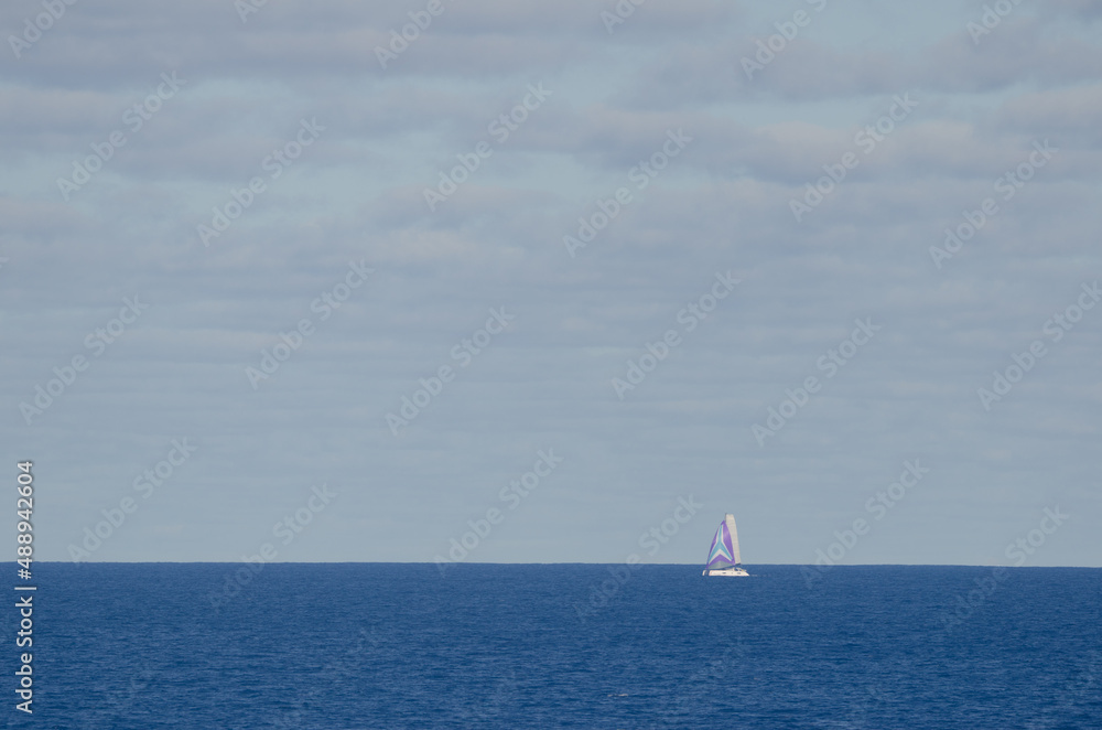 Sailboat sailing in the Atlantic Ocean. Canary Islands. Spain.