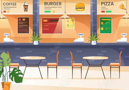 Eating in Food Court in the Middle of a Shopping Center Serving Fast Food Such as Pizza, Burgers or Tacos in the Form of Cartoon Flat Vector Illustration