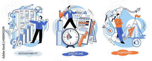 Personal quality concept creative metaphors set. Confidence, accountability and discipline, mental strength, psychological flexibility, decision making, leadership role, personal development