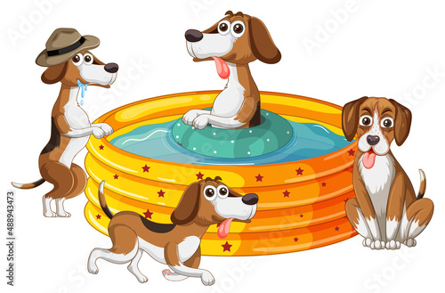 Many dogs bathing in the rubber tub